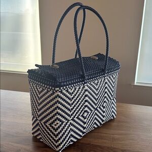 Blue and White Woven Tote Bag